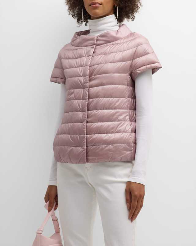 Short-Sleeve Snap-Front Quilted Puffer Jacket